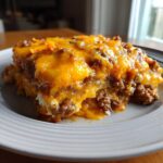 A generous slice of Dorito Casserole layered with seasoned ground beef and melted cheddar cheese.
