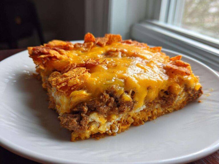 A square slice of Dorito Casserole topped with melted cheddar cheese and crunchy Doritos pieces.