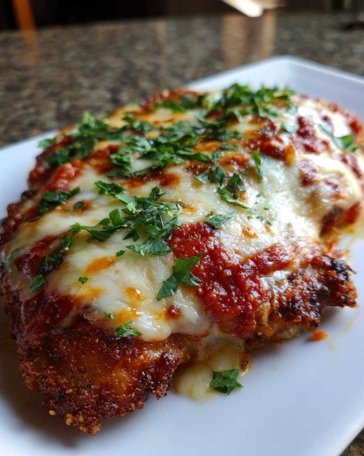 Close-up of a perfectly cooked, breaded chicken breast topped with melted mozzarella, marinara sauce, and fresh parsley for Easy Chicken Parmesan.