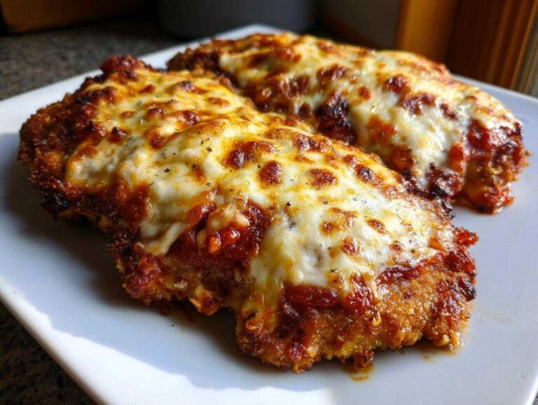 Close-up of two golden-brown pieces of Easy Chicken Parmesan topped with bubbling marinara sauce and melted mozzarella cheese.