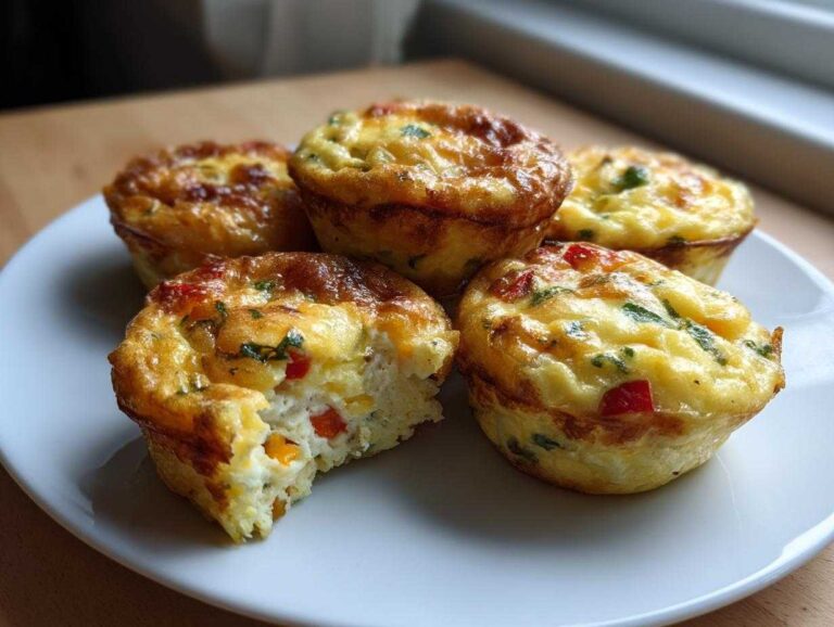 A plate holding several golden brown Egg Muffin Cups, one of which has a bite taken out showing the fluffy interior.