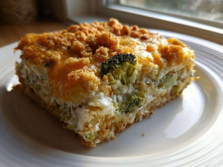 A close-up of a square slice of creamy broccoli casserole topped with melted cheese and golden crumbs.