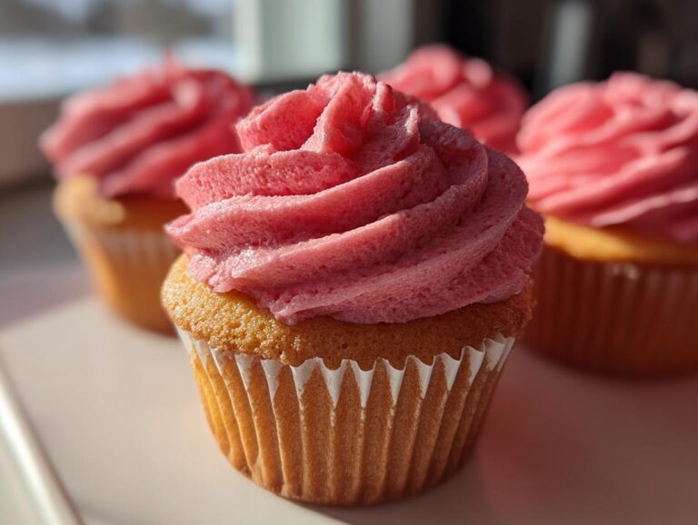 A close-up, featured image of a vanilla cupcake topped with vibrant pink strawberry frosting, with more strawberry cupcakes blurred in the background.