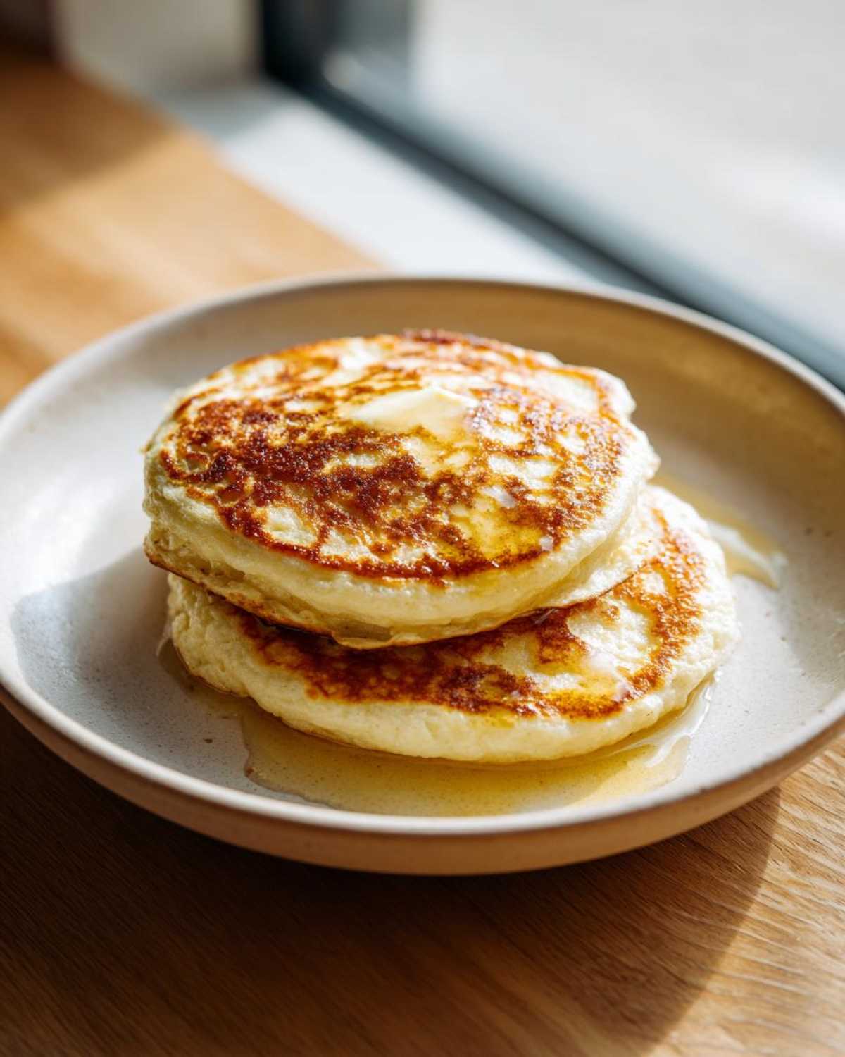 A stack of two fluffy almond flour pancakes topped with melting butter and drizzled with syrup.