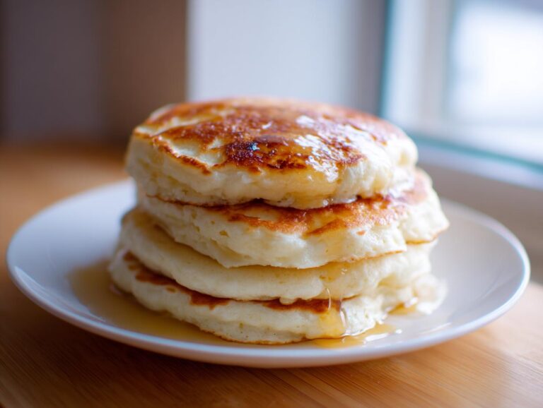 A tempting stack of four fluffy almond flour pancakes drizzled generously with golden syrup.