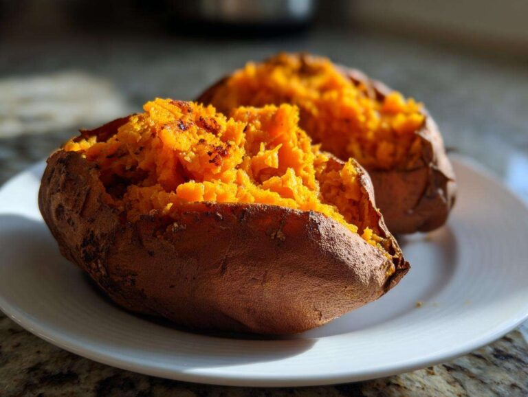 Two halves of a perfectly baked sweet potato, showing fluffy orange interior.