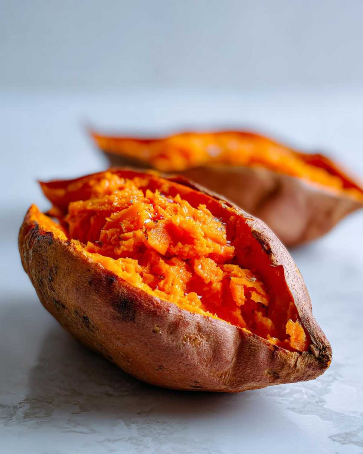 Close-up of a fluffy baked sweet potatoes, split open to show the bright orange interior on a light marble surface.