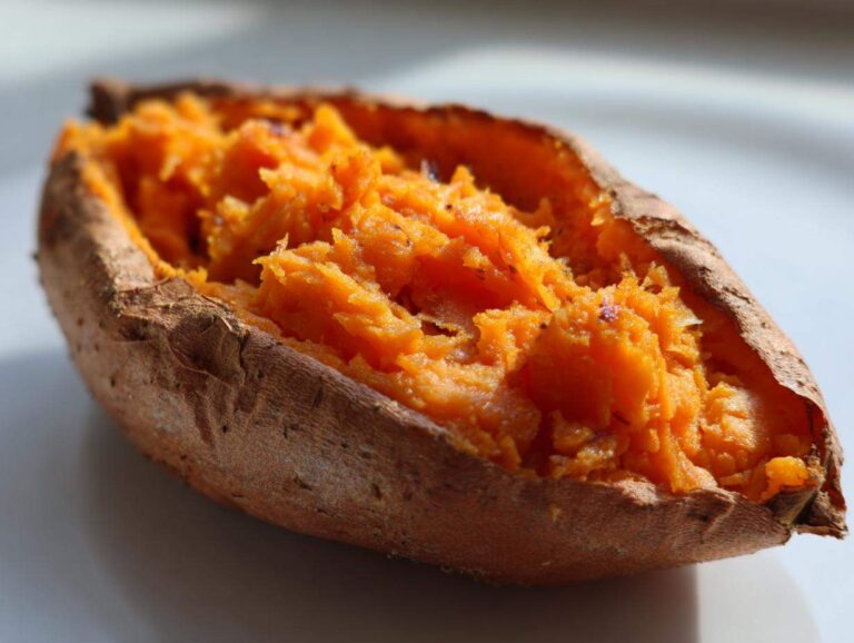 Close-up of a perfectly fluffy baked sweet potatoes, split open to show the bright orange interior.