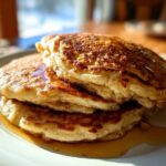 A close-up shot of a stack of three fluffy banana pancakes drizzled with maple syrup on a white plate.