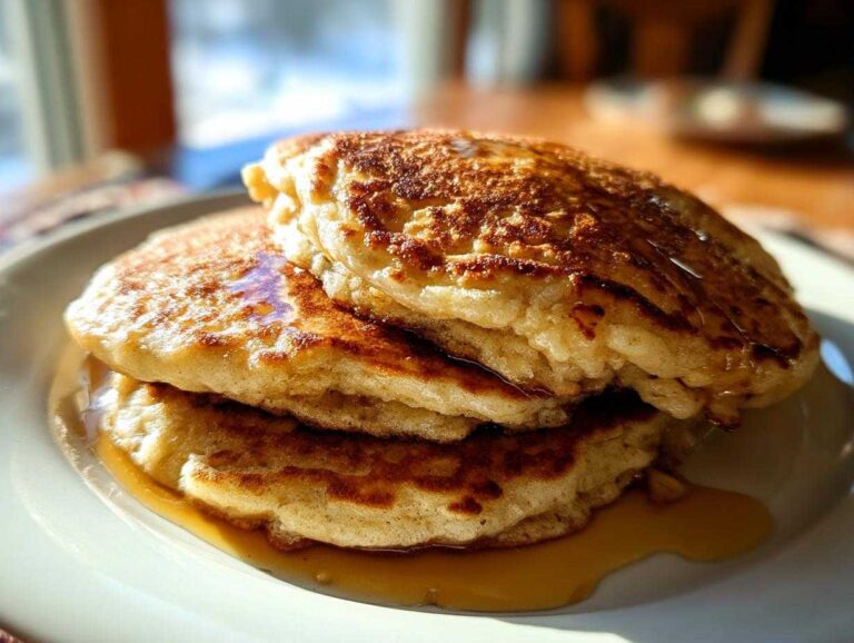 A close-up shot of a stack of three fluffy banana pancakes drizzled with maple syrup on a white plate.