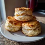 A stack of four golden-brown, flaky buttermilk biscuits resting on a white plate in bright sunlight.
