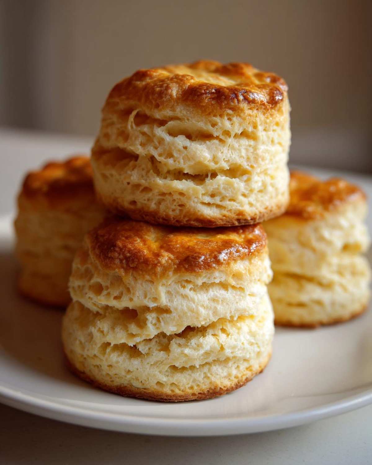Close-up of tall, flaky buttermilk biscuits stacked on a white plate, showing their layered texture.
