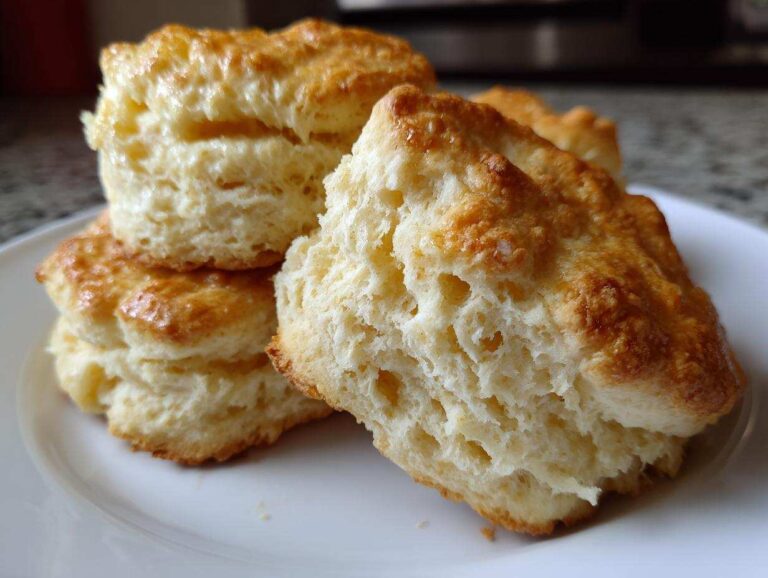 Close-up of fluffy, golden-brown buttermilk biscuits stacked on a white plate, showing their flaky interior.