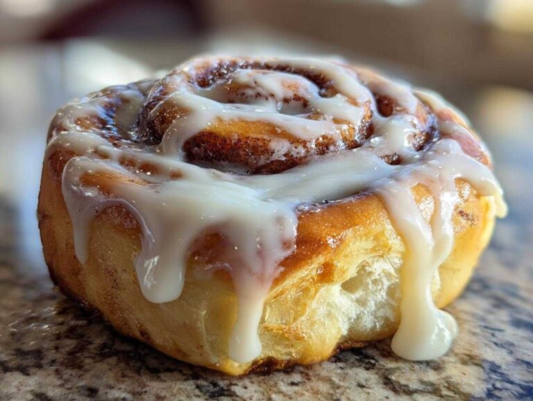 A close-up, mouthwatering shot of a freshly baked cinnamon roll topped with thick, dripping cream cheese icing.