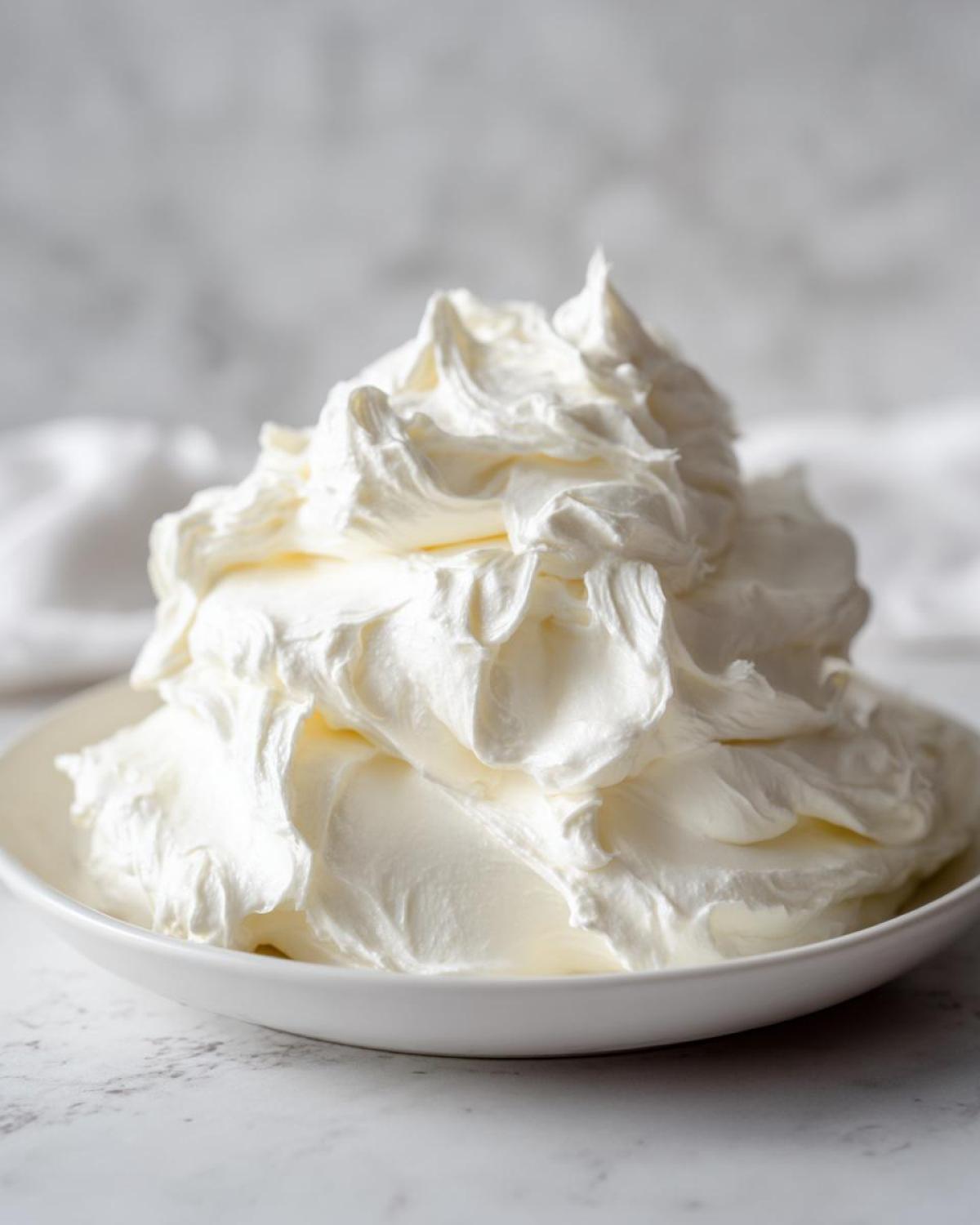 A generous mound of perfectly whipped, white cream cheese frosting piled high in a shallow white bowl.