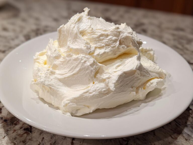 A generous mound of freshly whipped, bright white cream cheese frosting piled high on a white plate.