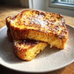 Two thick slices of fluffy easy french toast dusted generously with powdered sugar on a white plate.