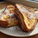 Two thick slices of golden brown easy french toast topped with powdered sugar and syrup on a plate.