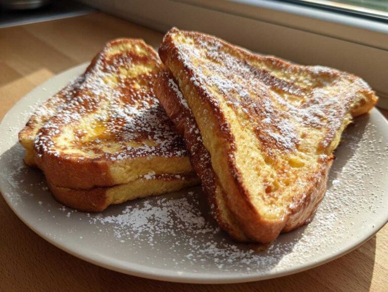 Two thick slices of golden brown easy french toast topped with powdered sugar and syrup on a plate.
