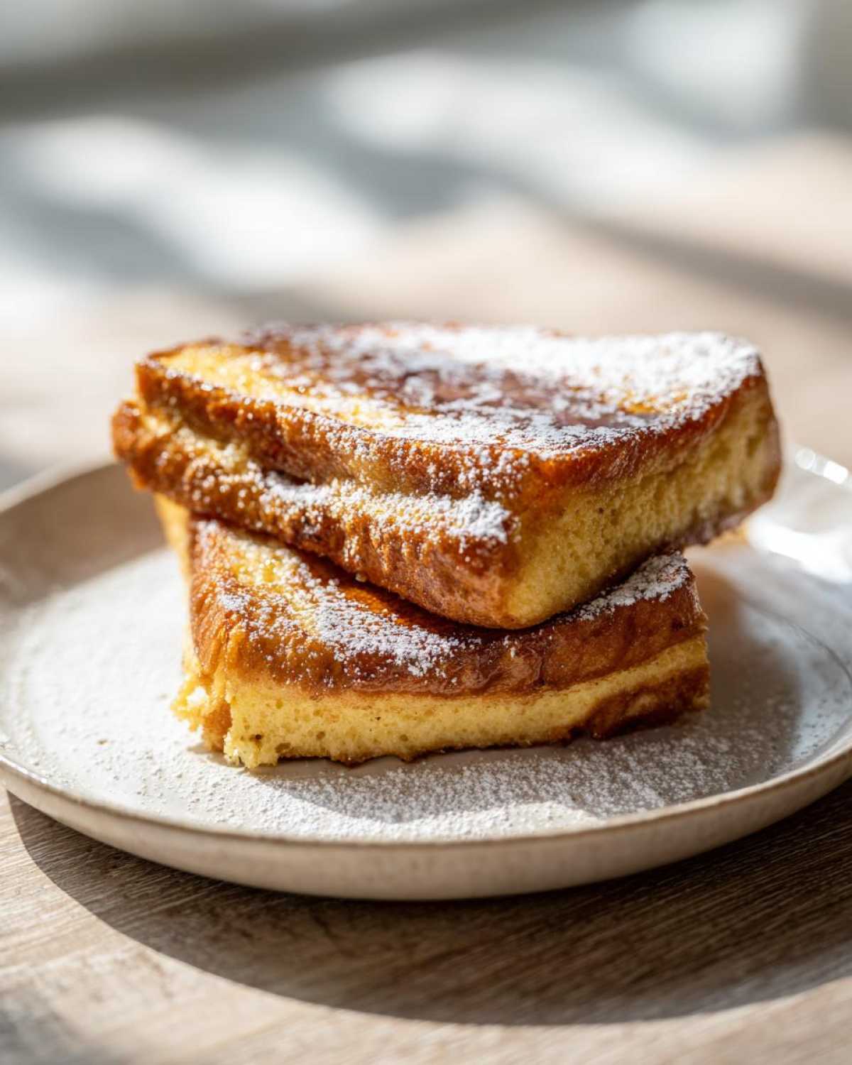 Two thick slices of golden brown easy french toast stacked and dusted generously with powdered sugar.