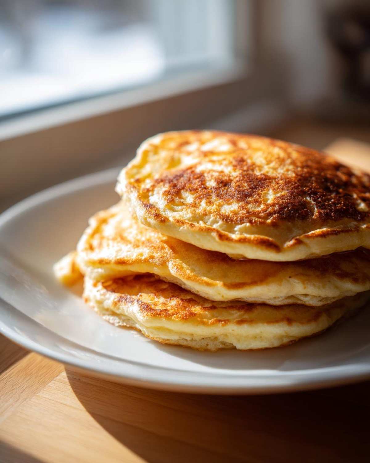 A close-up of a stack of three fluffy pancakes with golden-brown edges, sitting on a white plate.