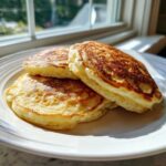 A stack of three fluffy, golden-brown pancakes sitting on a white plate near a sunlit window.