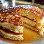 Close-up of a stack of fluffy greek yogurt pancakes, cut to show the interior, drizzled with syrup and powdered sugar.