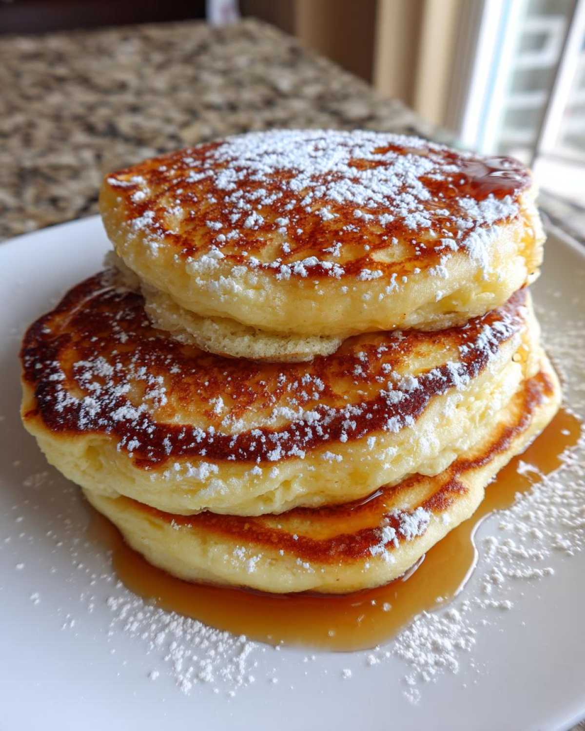 A close-up of three fluffy Greek yogurt pancakes stacked high, drizzled with syrup and dusted with powdered sugar.