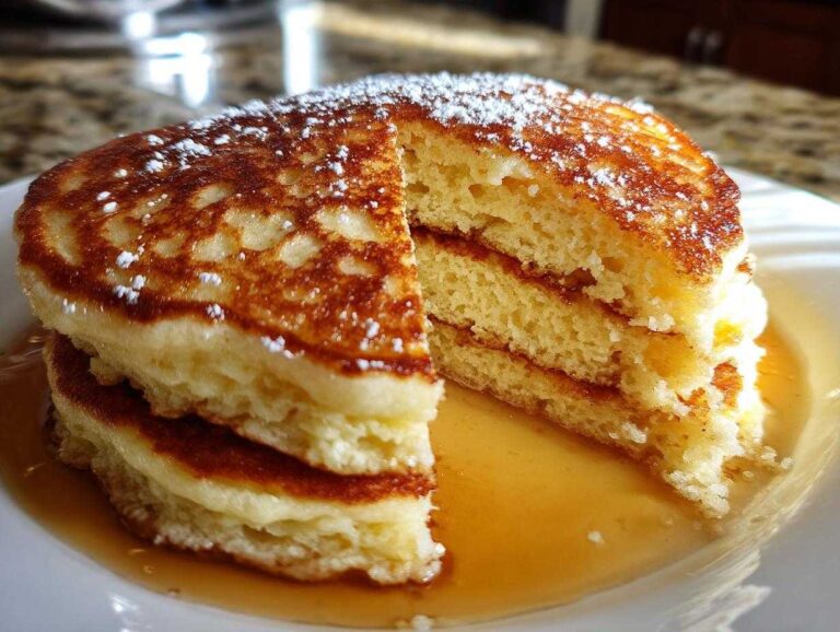 Close-up of a stack of fluffy greek yogurt pancakes, cut to show the interior, drizzled with syrup and powdered sugar.