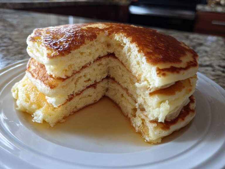 Close-up of a stack of incredibly fluffy pancakes cut to show the airy interior and golden tops, drizzled with syrup.
