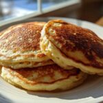 A close-up of three fluffy pancakes stacked on a white plate, perfectly golden brown.