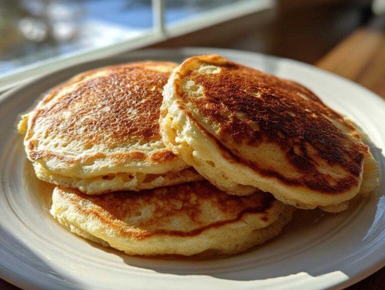 A close-up of three fluffy pancakes stacked on a white plate, perfectly golden brown.