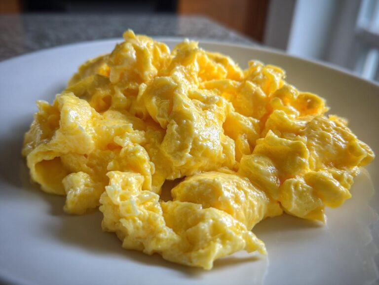 Close-up of perfectly cooked, fluffy scrambled eggs piled high on a white plate.