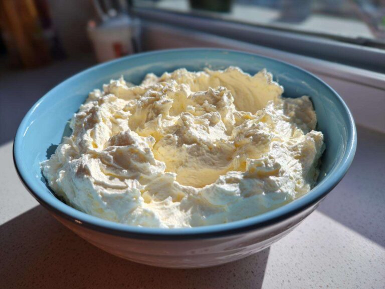 Amazing 10-Minute vanilla buttercream frosting A bright blue bowl filled with freshly whipped, fluffy vanilla buttercream frosting, catching the sunlight.