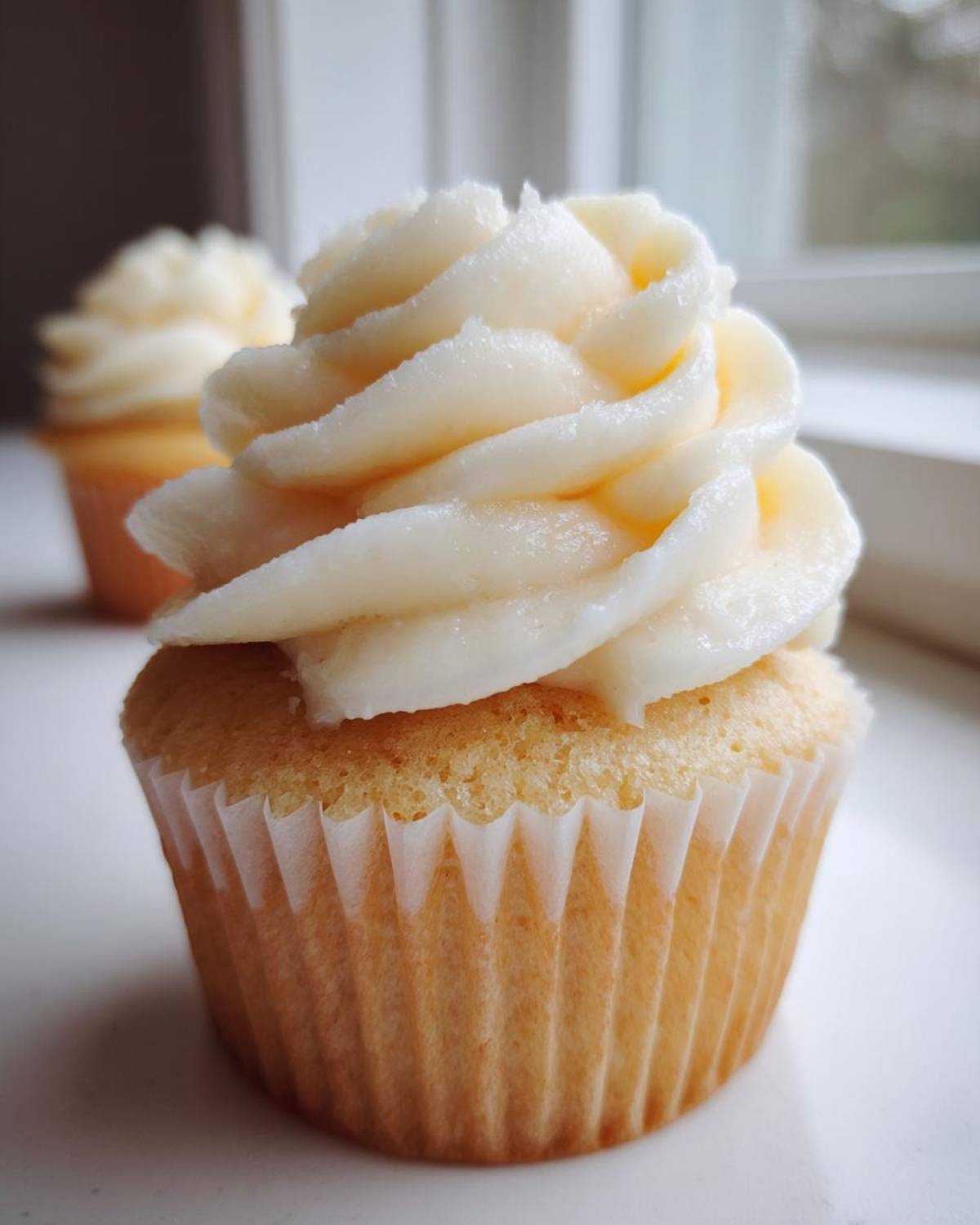 Close-up of a fluffy vanilla cupcakes topped with a generous swirl of creamy white vanilla frosting.