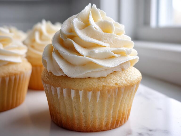 Close-up of a fluffy vanilla cupcake topped with a tall swirl of white vanilla buttercream frosting.