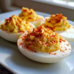 Four perfectly prepared deviled eggs, piped high with creamy filling and sprinkled with bright red paprika.
