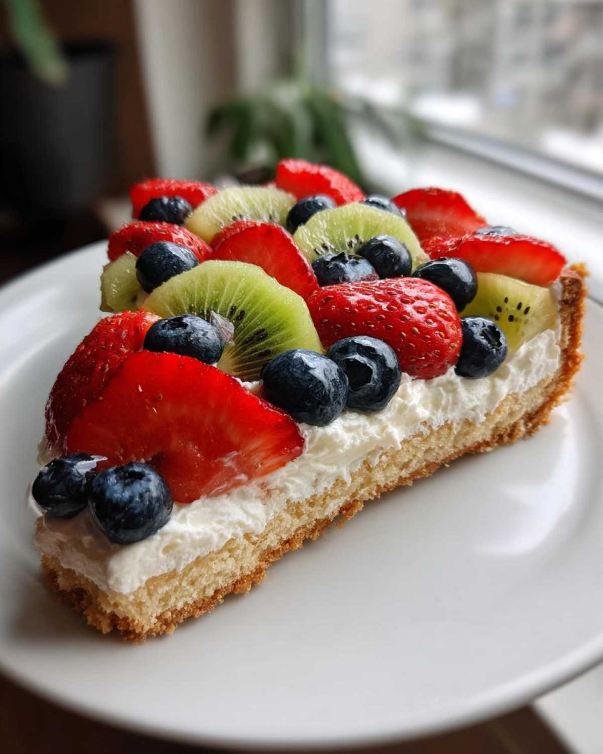 A close-up slice of fruit pizza sugar cookie topped with whipped cream, strawberries, blueberries, and kiwi.