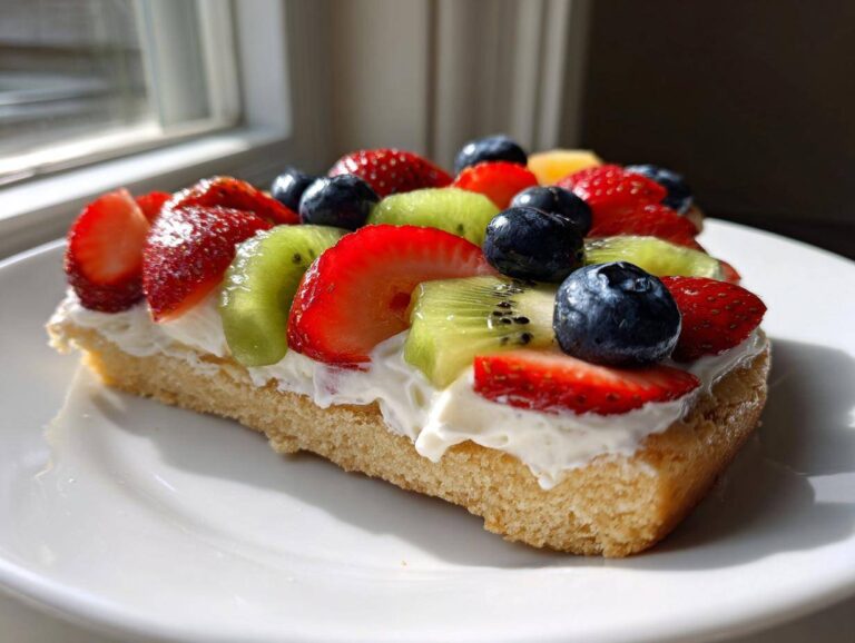 A close-up of a slice of fruit pizza sugar cookie topped with cream cheese frosting, strawberries, blueberries, and kiwi.