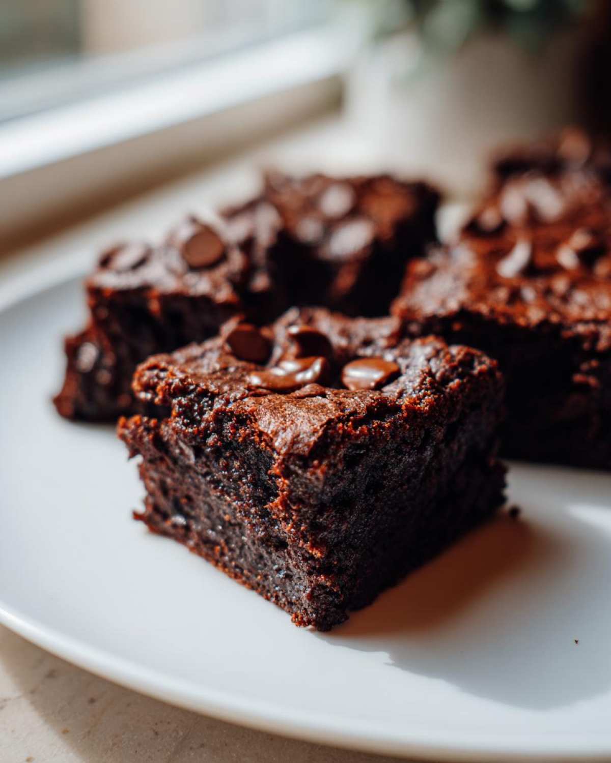 A close-up of a rich, fudgy square of sweet potato brownies topped with melted chocolate chips on a white plate.