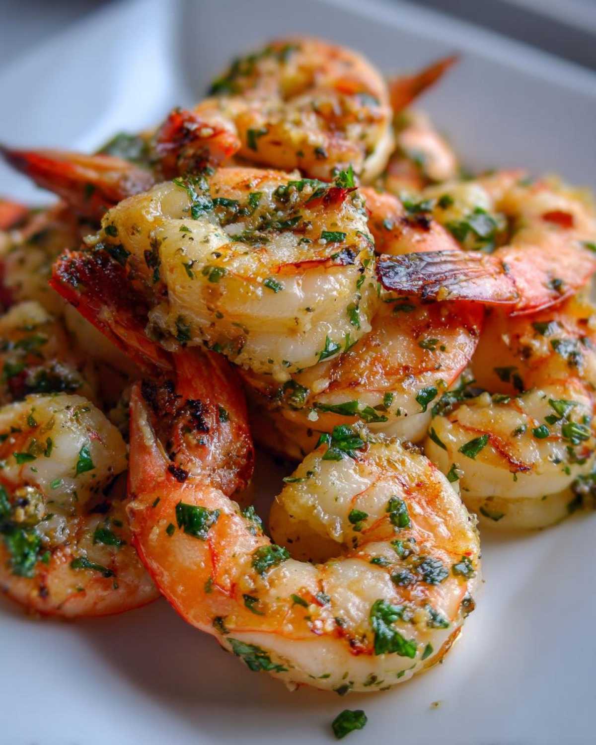 Close-up of perfectly cooked air fryer shrimp seasoned with garlic and fresh parsley.