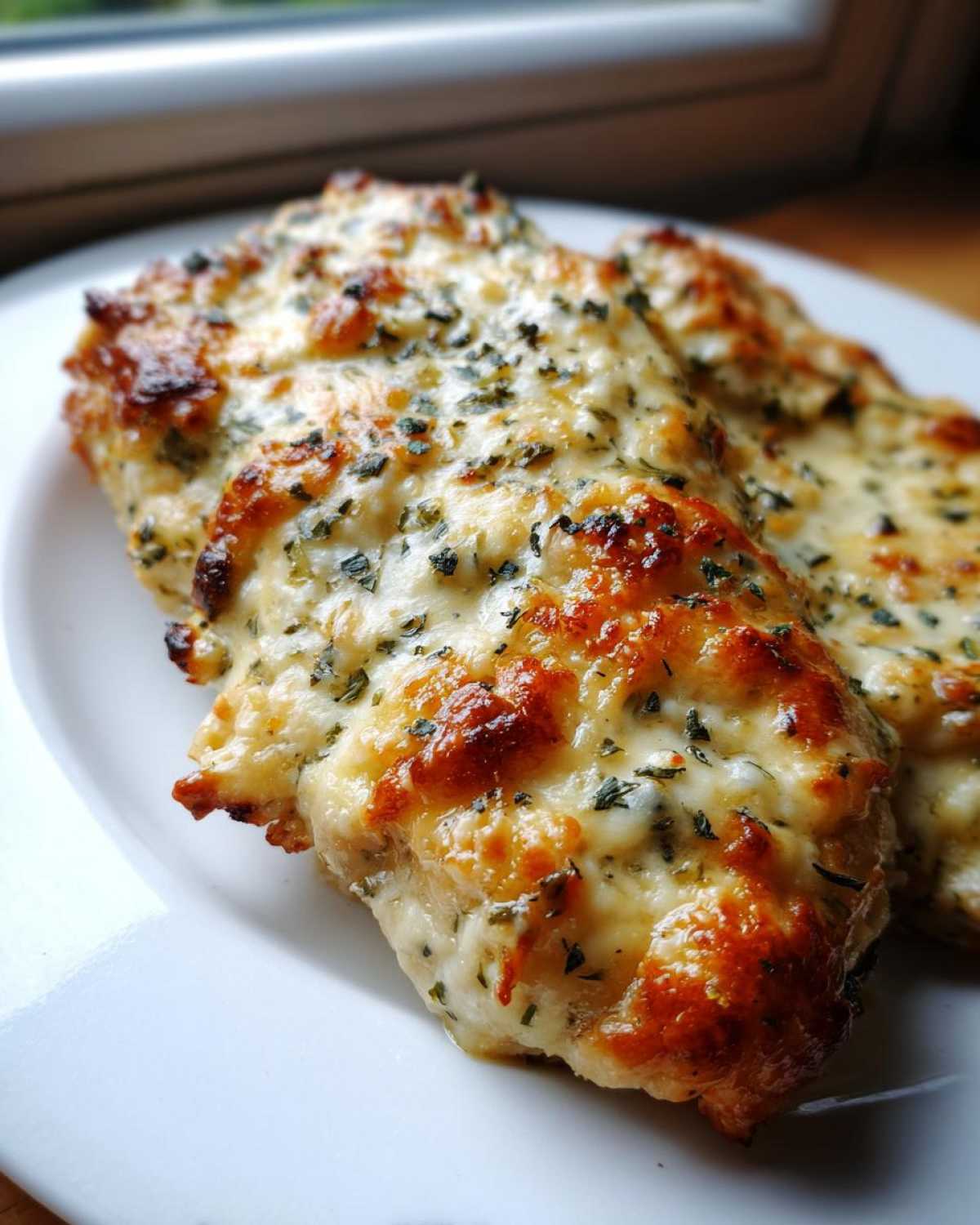 Close-up of two baked chicken breasts topped with melted, browned cheese and herbs, ready to eat Garlic Parmesan Chicken Bake.