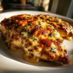 Close-up of a juicy Garlic Parmesan Chicken Bake with melted cheese and herbs, served on a white plate.