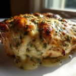 Close-up of a piece of Garlic Parmesan Chicken Bake topped with melted, browned cheese and herbs.