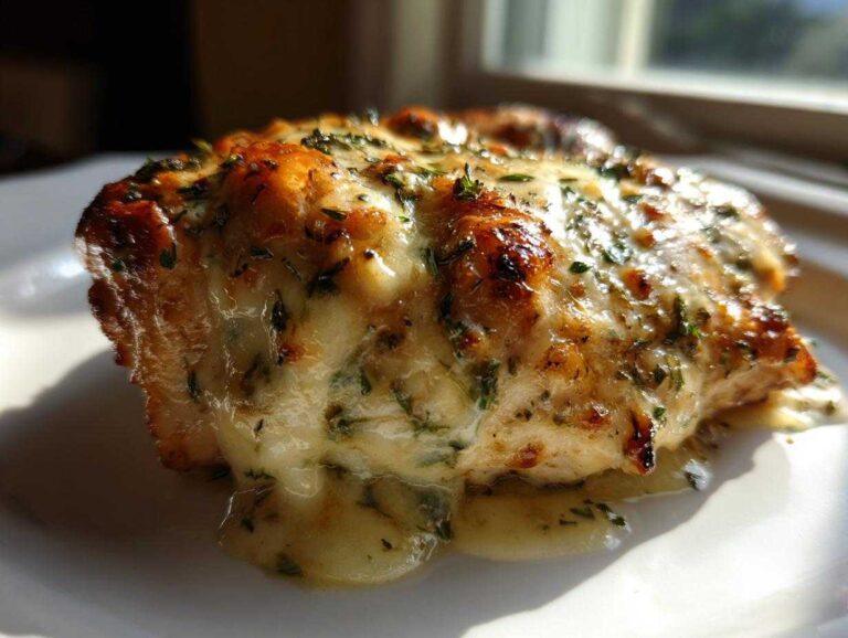 Close-up of a piece of Garlic Parmesan Chicken Bake topped with melted, browned cheese and herbs.