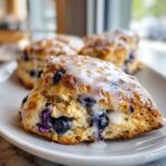 A close-up of a freshly baked, triangular blueberry scone topped with dripping white glaze, served on a white plate.