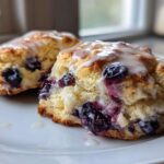 Close-up of two freshly baked blueberry scones topped with a sweet white glaze on a white plate.