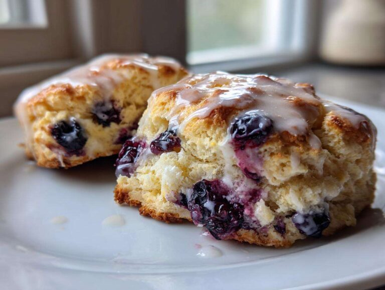 Close-up of two freshly baked blueberry scones topped with a sweet white glaze on a white plate.