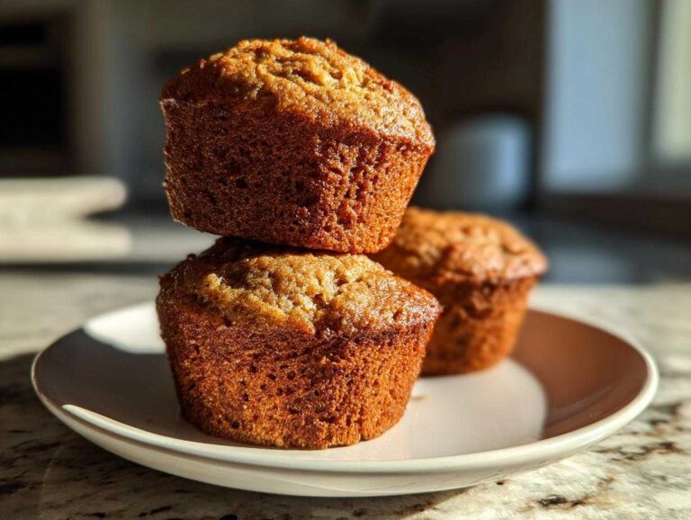 Three golden-brown banana protein muffins stacked on a white plate, highlighted by dramatic natural light.