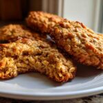 A close-up of several golden brown, textured breakfast cookie halves piled on a white plate, showing the oat texture.